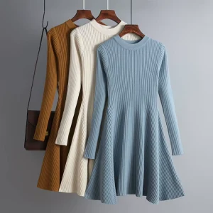 Knitwear Manufacturer Custom Fall Winter Solid Color Long Sleeve Knit Dress Women’s Sweater Autumn Dress