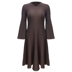 Manufacturer Custom Logo Knitwear Women Spring V Neck Ladies Knit Dress Long Sleeve Ribbed Knitted Women’s Sweater Dress