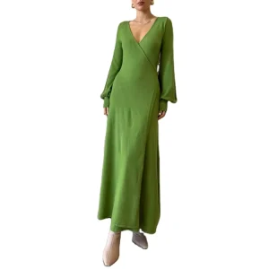 Knitwear Manufacturer Custom Mint Green V Neck Puff Sleeve Maxi Winter A Line Casual Formal Dress Women’s Elegant Sweater Knit