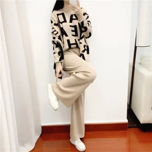 Knitwear Women’s Autumn and Winter Casual Fashion Temperament Scarf Sweater Wide Leg Pants Three-piece Set