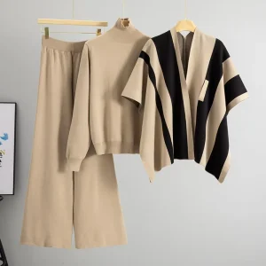Knitwear Women’s Three Piece Suit Temperament Socialite Cardigan Knitted Sweater Shawl Cape Wide Leg Pants Women’s Set