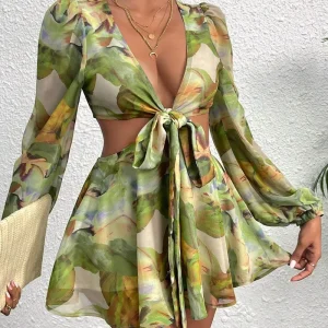 Knot Cutout Waist Chiffon Women’s Romper Allover Print Cut Out Tie Front Lantern Sleeve Romper
