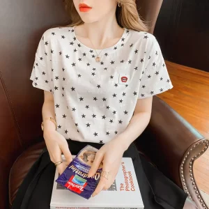 Korean Station Short Sleeved Women’s T Shirt Women’s Loose Round Neck Korean Printed Women’s Top Women’s Clothing