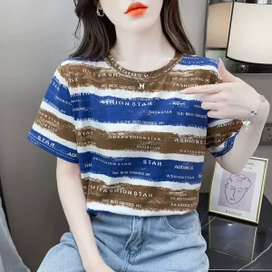 Korean Station Striped Short Sleeved Women’s Loose Round Neck Women’s T shirt Versatile Fashion Women’s Top