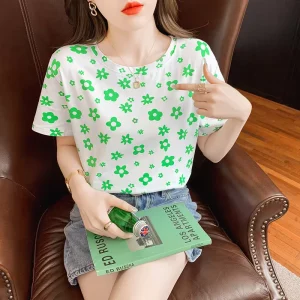Korean Station Women’s T-Shirt Round Neck Loose Korean Version Casual Women’s Top Versatile Printed Women’s Clothing