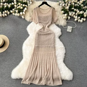 Korean Style Gentle Retro Crochet Hollow Knitted Short Sleeve Plain Dyed Luxury A line Dress Women’s Slim fit Long Fishtail