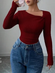 Korean Style Knit Top with Gathered Asymmetry Neckline Design Slim-Fit Stretch Base Layer
