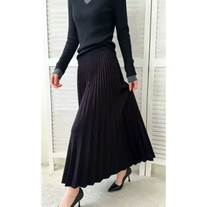 Korean Style Women’s High Waist Knit Swing Skirt Black Pleated A Line Flared Maxi Skirt Fashion Knit Skirt