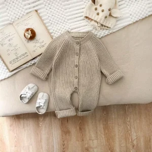 Korean Version of Baby Spring and Autumn Clothing Men’s and Women’s Baby Solid Color Knitted Climbing Clothes Newborn Romper