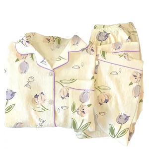Korean style Floral Comfortable Crinkle Fabric Pajamas Women’s Spring fall New Long sleeve Set