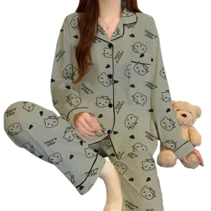 Korean style Gray Women’s Pajamas Long sleeve Long pants Set For Spring And Fall With Cartoon Print