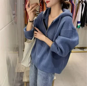 Korean style Hooded Loose fitting Women’s Autumn Button Flat Knitted Casual Zipper Sweater Cardigan Coat