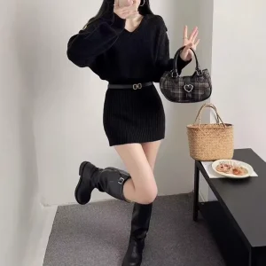Korean-style Lapel Knitted Solid Long Sleeve Elastic Waist Illusion Dress Women’s Autumn Winter New Fashion Popular Short
