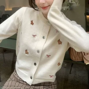 Korean-style Winter Women’s Anti-Wrinkle Knit Nylon Cardigan Embroidered Sweet Gentle Bow Crew Neck Halter Lace Long Sleeve