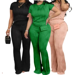 L 4Xl Plus Size Women’S Summer Casual Set Solid Color 3D Wave Pattern Short Sleeved Crop Top Flare Two Piece Pants Set for Women