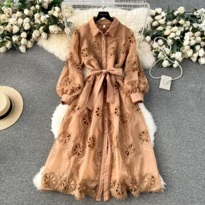 LE2356 Ladies Party Lace Hollow Midi Dress Female Heavy Industry Embroidery Hollow Flower Breasted Slim Fit Puffed Sleeve Dress