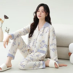 LONGD Women’s Long Sleeve Pajama Set Ladies Casual Home Wear Loungewear Moisture Wicking Quick Dry Breathable Elastic Waist