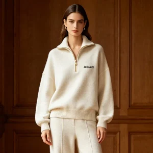 LTD-H1062 Women’s Funnel Neck Sweatshirt Soft Touch Quarter Zip Pullover Gold Zipper Ribbed Hem Minimal Logo Knitwear Supplier