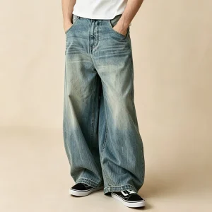 LTD MTR1020 Vintage Wash Baggy Jeans Light Denim Wide Leg Pants Faded Front Effect Loose Fit Jeans Manufacturer