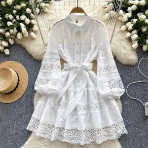 LW0536 Women’s Dress Hollow Embroidery Lace Patchwork Lantern Sleeve Single Breasted A Line Vintage Dress