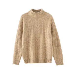 Label Customized Mongolia Cashmere Sweater Allover Cable Knit Mock Neck Pullover Chunky Cozy Raglan Sleeve Cashmere Jumper