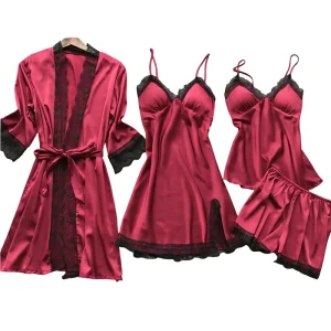 Lace Design Women’s Pajamas Ladies Lace Suit Nightdress Chest Pad Sexy Lace Pajama Four Piece Set