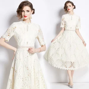 Lace Dress Women’s Summer Hook Flower Embroidery Design Temperament Skirt Hollowed Out Round Neck Dress