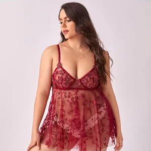 Lace Embroidery Mesh Thin Nightwear Women’s Underwear Plus Size Lingerie Dress With Thong Pantie 2 Piece Set Sleepwear
