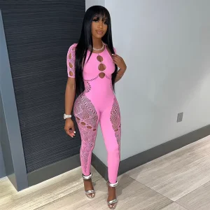 Lace Hollow Out Short Sleeve Women’s Jumpsuit With Rhinestone Summer Cut Out Sheer Rompers