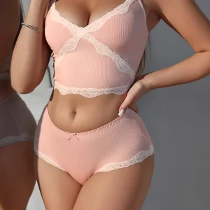Lace Silk Slim High Elastic V neck Mid waist Tank Top Pants and Bra Women’s Panties Underwear Set