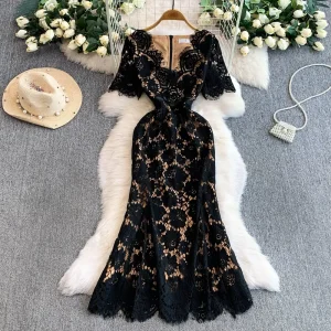 Lace V Neck Dress Women’s Autumn Waist Cinching Elegant Fishtail Dress Long Skirt