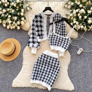 Ladies 2 Pcs Set Women’s Sweet Knit Three Piece Set Cardigan Cami Elegant Layered Outfit 2 Piece Ladies Pants Sets