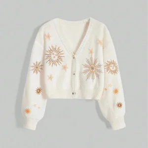 Ladies’ Autumn Winter Embroidered Button Knit Cardigan Sweater Sun Moon Pattern Lantern Sleeves V neck Top