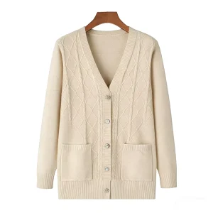 Ladies Cardigans Sweater with Pocket V Neck Knit Long Cardigan Women Texture Women’s Fasion Cable Blouse Sweater Outwear