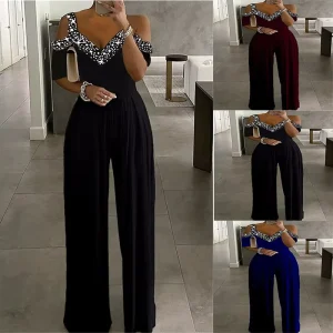 Ladies Casual Jumpsuits Female Solid Beaded Sleeveless Elegant Women Plus Size Jumpsuits