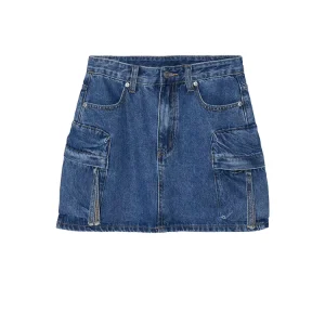 Ladies Clothing New Fashion Blue Denim Short Women’s Mini Multi Pocket Skirt High Waist Casual Split Jeans Skirt Streetwear