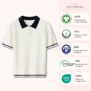 Ladies Color Block Polo Neck Cable Knit Short Sleeve Knit Top Metal Buttons Preppy Elegant Office Knitted Pullover Low MOQ