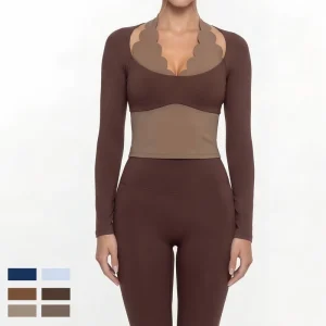 Ladies Color Blocked Patchwork Scallop Active Wear Yoga Set Sweat Wicking Halter Workout Pilates Sportswear Gym Suit