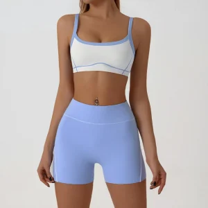 Ladies Contrast Color Side Stripes Active Wear Set Shockproof Padded Sport Bra & Shorts Fitness Yoga Wear Suit