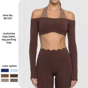 Ladies Contrast Patchwork Fitness Yoga Suit Long Sleeves Crop Top & High Waist Pants Workout Clothes Halter Active Wear