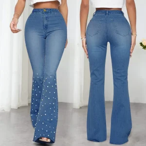 Ladies Denim Women’s High Waist Skinny Trousers Bell Bottom Denim Jeans with Pearls