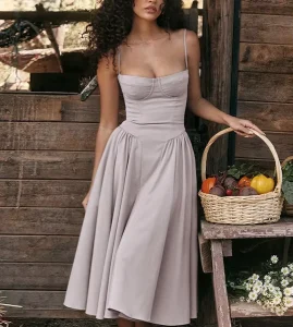Ladies Elegant Flared Dress Open Strap Dress for Wedding Parties Casual Summer Floor Length Women’s