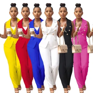 Ladies Elegant Solid Color Suits Set for Women Sleeveless Vest Blazer and Pants Set Business Suits for Women