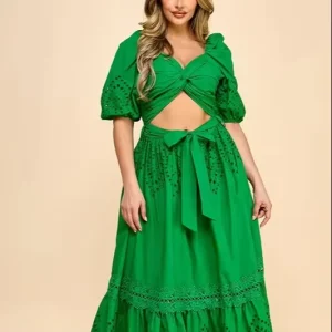 Ladies’ Floor-Length Lace Embroidered Natural Waist Woven Cotton Casual Dress