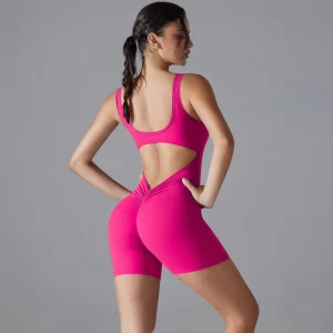 Ladies Hollow Back Scrunch Butt Short Fitness Yoga Bodysuit One Piece Shockproof Padded Workout Romper Gym Bodysuit