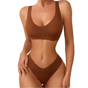 Ladies Invisible Thong Panties Bra Set Soft Thin Comfort Panty Bra Seamless V Shape Thong Wire Free Daily Use Sleeping Bra Set