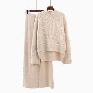 Ladies Knitwear Solid Color Women Long Sleeve Pullover and Pants Pullover Knitted Women Sweater Suit