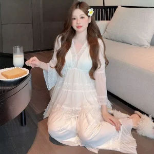 Ladies Loungewear Long Sleeve Romantic Nightgown Lace Trim Mesh Gauze Fabric Soft Comfortable Pajamas Set