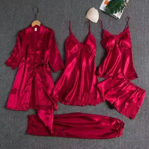 Ladies Luxury Spandex Sleepwear Set Comfortable 5 Piece Halter Print Pajamas Soft Homewear for Women’s Spring Autumn