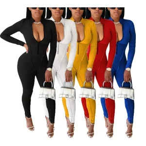 Ladies One Piece Streetwear White Jumpsuit Women Fitness Plus Size Jumpsuit With Zipper